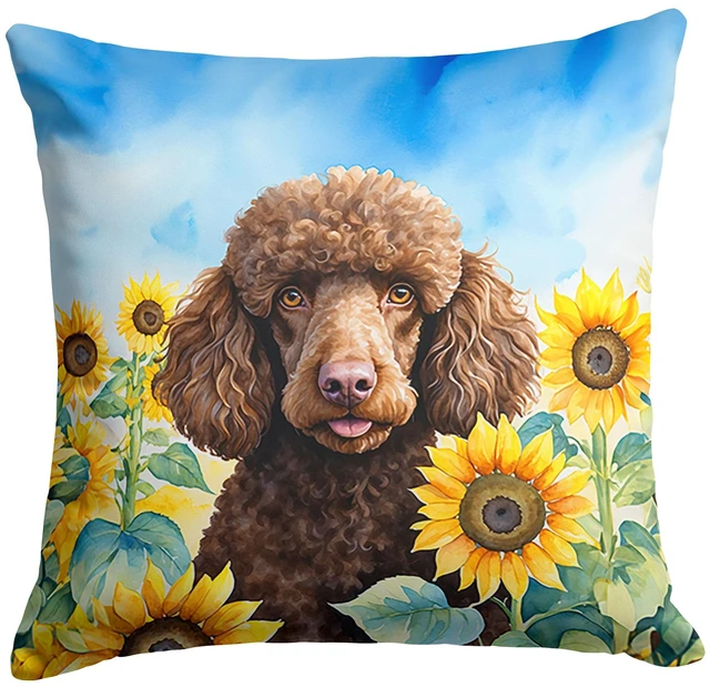 Main image of Chocolate Poodle in Sunflowers Throw Pillow Machine Washable, Indoor Outdoor Decorative Pillow for Couch, Bed or Patio, 18Hx18W