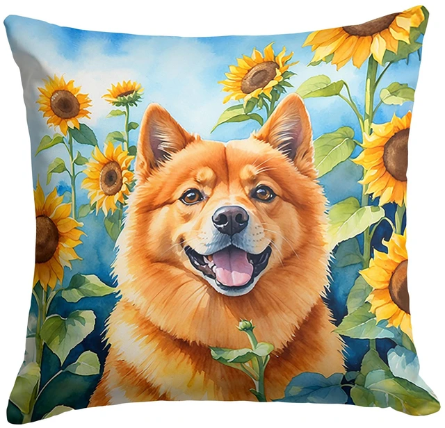 Main image of Finnish Spitz in Sunflowers Throw Pillow Machine Washable, Indoor Outdoor Decorative Pillow for Couch, Bed or Patio, 18Hx18W