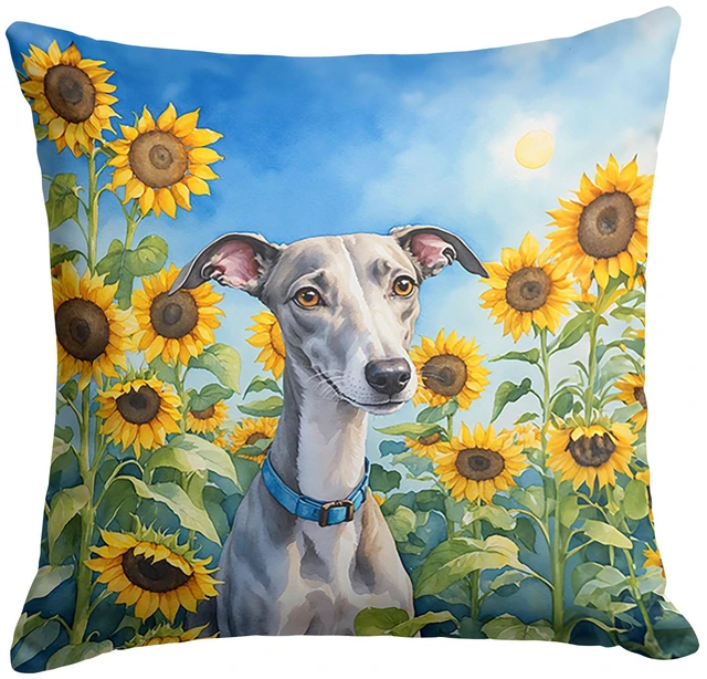Main image of Whippet in Sunflowers Throw Pillow Machine Washable, Indoor Outdoor Decorative Pillow for Couch, Bed or Patio, 18Hx18W