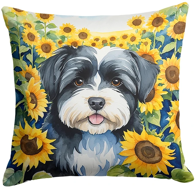 Main image of Havanese in Sunflowers Throw Pillow Machine Washable, Indoor Outdoor Decorative Pillow for Couch, Bed or Patio, 18Hx18W