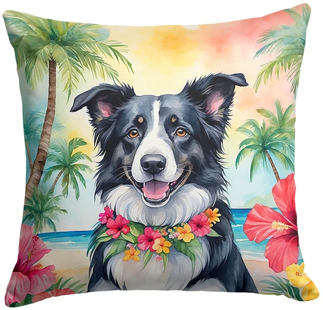 Main image of Border Collie Luau Throw Pillow Machine Washable, Indoor Outdoor Decorative Pillow for Couch, Bed or Patio, 18Hx18W