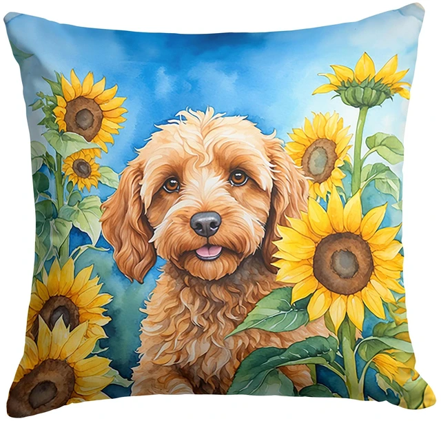 Main image of Cockapoo in Sunflowers Throw Pillow Machine Washable, Indoor Outdoor Decorative Pillow for Couch, Bed or Patio, 18Hx18W