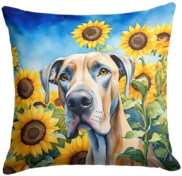 Main image of Great Dane in Sunflowers Throw Pillow Machine Washable, Indoor Outdoor Decorative Pillow for Couch, Bed or Patio, 18Hx18W
