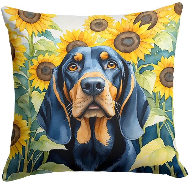 Main image of Black and Tan Coonhound in Sunflowers Throw Pillow Machine Washable, Indoor Outdoor Decorative Pillow for Couch, Bed or Patio, 18Hx18W