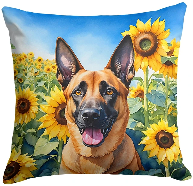 Main image of Belgian Malinois in Sunflowers Throw Pillow Machine Washable, Indoor Outdoor Decorative Pillow for Couch, Bed or Patio, 18Hx18W