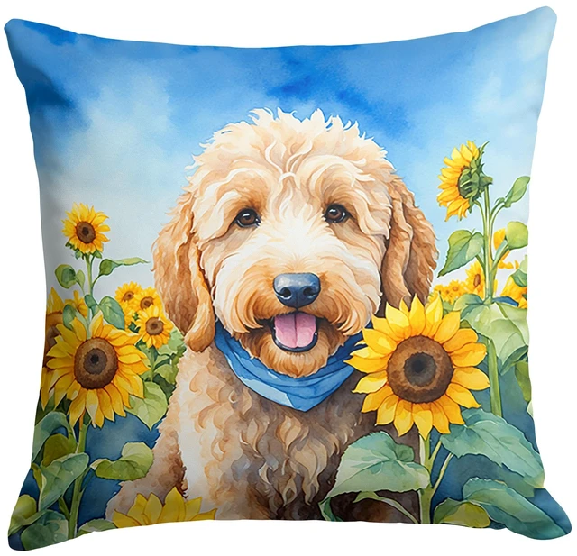 Main image of Goldendoodle in Sunflowers Throw Pillow Machine Washable, Indoor Outdoor Decorative Pillow for Couch, Bed or Patio, 18Hx18W