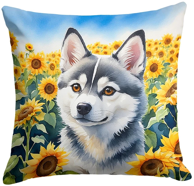 Main image of Alaskan Klee Kai in Sunflowers Throw Pillow Machine Washable, Indoor Outdoor Decorative Pillow for Couch, Bed or Patio, 18Hx18W