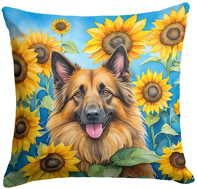 Main image of Belgian Tervuren in Sunflowers Throw Pillow Machine Washable, Indoor Outdoor Decorative Pillow for Couch, Bed or Patio, 18Hx18W