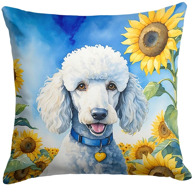 Main image of White Poodle in Sunflowers Throw Pillow Machine Washable, Indoor Outdoor Decorative Pillow for Couch, Bed or Patio, 18Hx18W