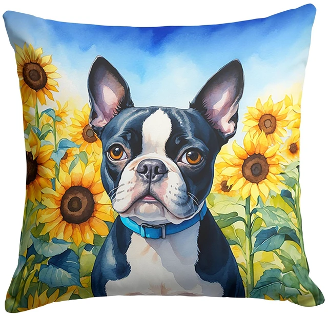 Main image of Boston Terrier in Sunflowers Throw Pillow Machine Washable, Indoor Outdoor Decorative Pillow for Couch, Bed or Patio, 18Hx18W