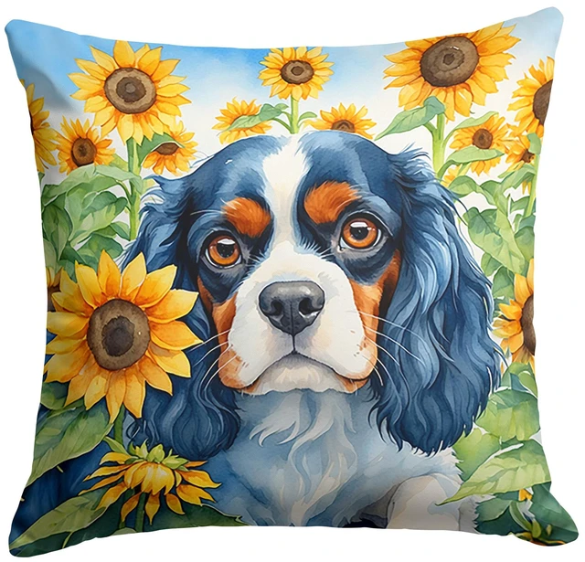 Main image of Cavalier Spaniel in Sunflowers Throw Pillow Machine Washable, Indoor Outdoor Decorative Pillow for Couch, Bed or Patio, 18Hx18W