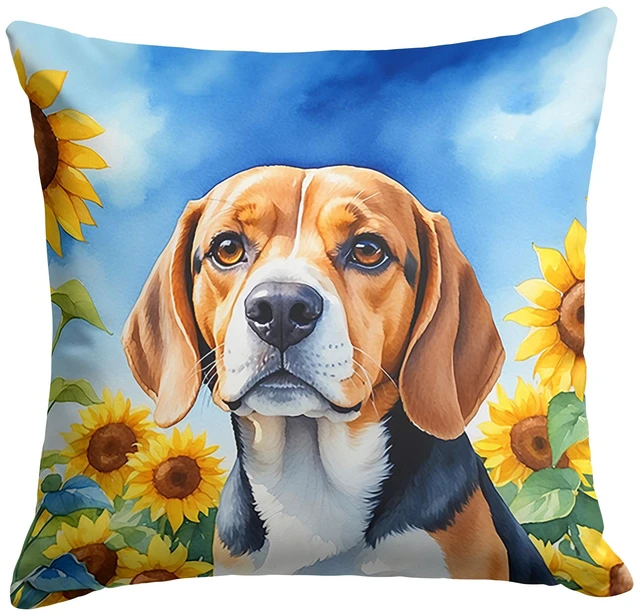 Main image of Beagle in Sunflowers Throw Pillow Machine Washable, Indoor Outdoor Decorative Pillow for Couch, Bed or Patio, 18Hx18W