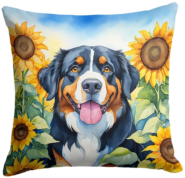 Main image of Bernese Mountain Dog in Sunflowers Throw Pillow Machine Washable, Indoor Outdoor Decorative Pillow for Couch, Bed or Patio, 18Hx18W