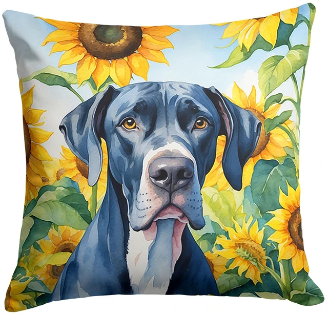 Main image of Great Dane in Sunflowers Throw Pillow Machine Washable, Indoor Outdoor Decorative Pillow for Couch, Bed or Patio, 18Hx18W