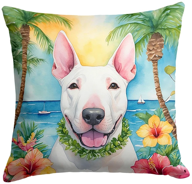 Main image of NEW English Bull Terrier Luau Throw Pillow Machine Washable, Indoor Outdoor Decorative Pillow for Couch, Bed or Patio, 18Hx18W