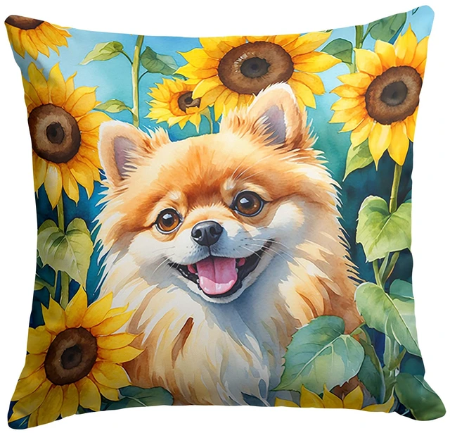Main image of Pomeranian in Sunflowers Throw Pillow Machine Washable, Indoor Outdoor Decorative Pillow for Couch, Bed or Patio, 18Hx18W