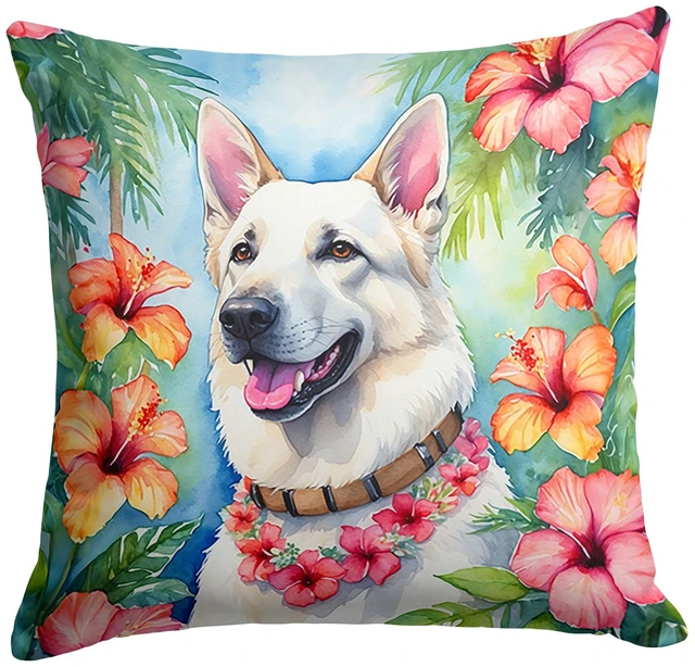 Main image of White German Shepherd Luau Throw Pillow Machine Washable, Indoor Outdoor Decorative Pillow for Couch, Bed or Patio, 18Hx18W