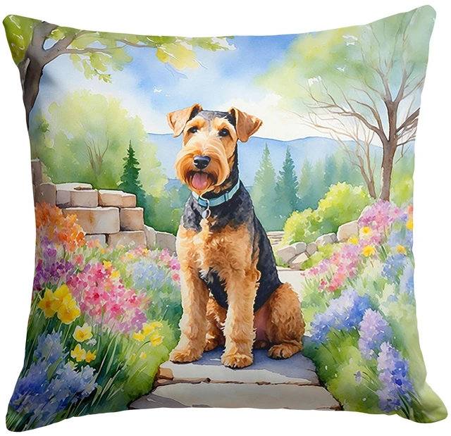 Main image of Airedale Terrier Spring Garden Throw Pillow Machine Washable, Indoor Outdoor Decorative Pillow for Couch, Bed or Patio, 18Hx18W