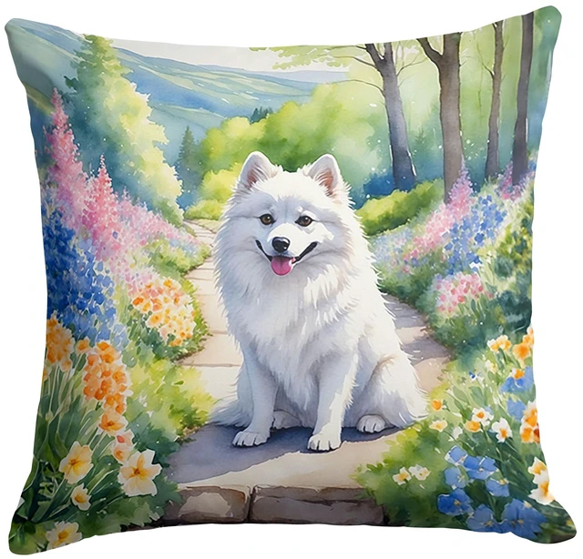 Main image of American Eskimo Spring Garden Throw Pillow Machine Washable, Indoor Outdoor Decorative Pillow for Couch, Bed or Patio, 18Hx18W