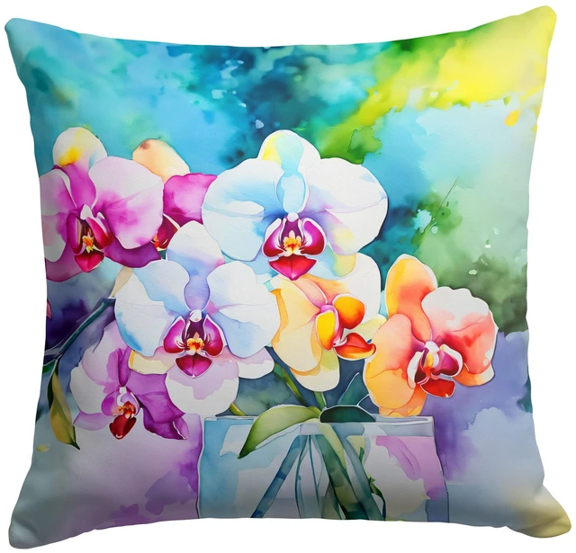 Main image of Orchids in Watercolor Throw Pillow Machine Washable, Indoor Outdoor Decorative Pillow for Couch, Bed or Patio, 18Hx18W