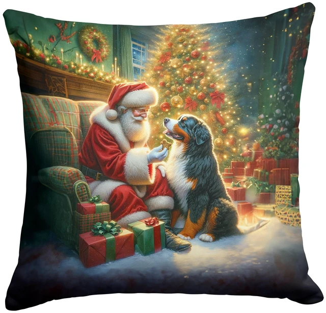 Main image of Bernese Mountain Dog and Santa Claus Throw Pillow Machine Washable, Indoor Outdoor Decorative Pillow for Couch, Bed or Patio, 18Hx18W
