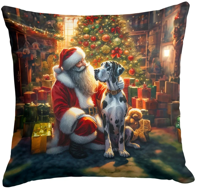 Main image of Great Dane and Santa Claus Throw Pillow Machine Washable, Indoor Outdoor Decorative Pillow for Couch, Bed or Patio, 18Hx18W