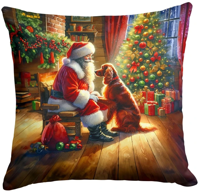 Main image of Irish Setter and Santa Claus Throw Pillow Machine Washable, Indoor Outdoor Decorative Pillow for Couch, Bed or Patio, 18Hx18W
