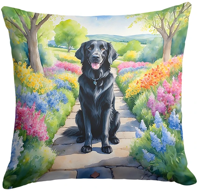 Main image of Flat-Coated Retriever Spring Path Throw Pillow Machine Washable, Indoor Outdoor Decorative Pillow for Couch, Bed or Patio, 18Hx18W