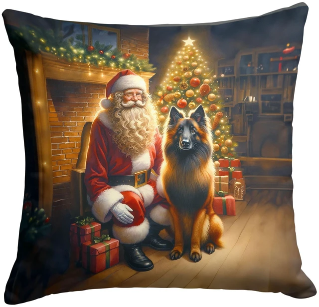 Main image of Belgian Tervuren and Santa Claus Throw Pillow Machine Washable, Indoor Outdoor Decorative Pillow for Couch, Bed or Patio, 18Hx18W