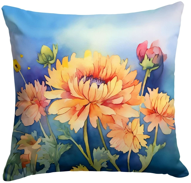 Main image of Chrysanthemums in Watercolor Throw Pillow Machine Washable, Indoor Outdoor Decorative Pillow for Couch, Bed or Patio, 18Hx18W