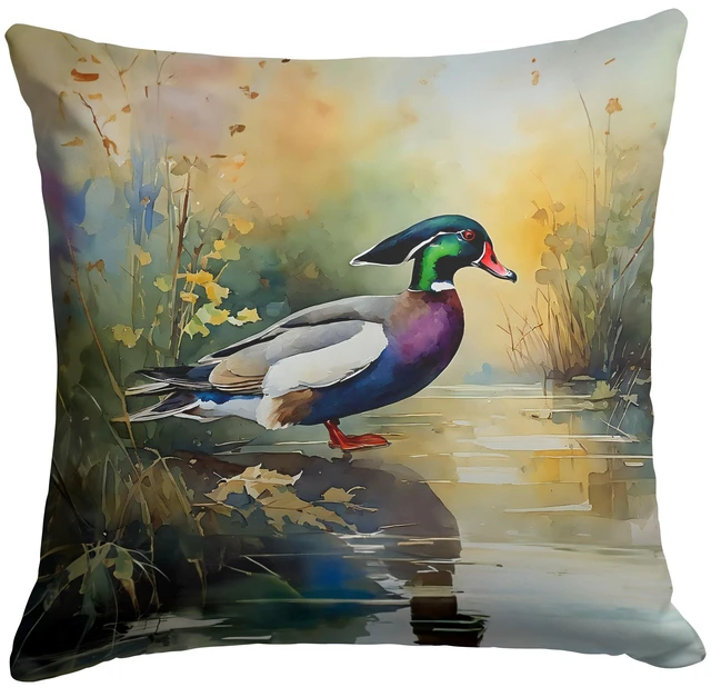 Main image of Wood Duck Throw Pillow Machine Washable, Indoor Outdoor Decorative Pillow for Couch, Bed or Patio, 18Hx18W