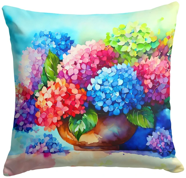 Main image of Hydrangeas in Watercolor Throw Pillow Machine Washable, Indoor Outdoor Decorative Pillow for Couch, Bed or Patio, 18Hx18W
