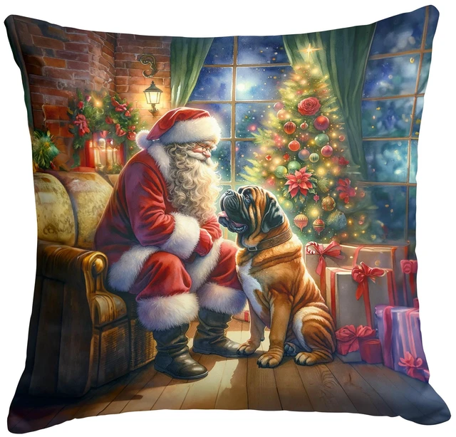 Main image of Bullmastiff and Santa Claus Throw Pillow Machine Washable, Indoor Outdoor Decorative Pillow for Couch, Bed or Patio, 18Hx18W