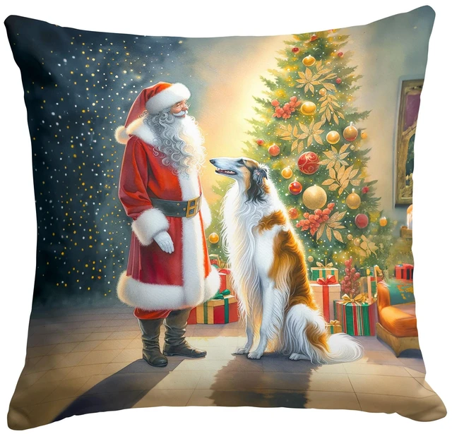 Main image of Borzoi and Santa Claus Throw Pillow Machine Washable, Indoor Outdoor Decorative Pillow for Couch, Bed or Patio, 18Hx18W