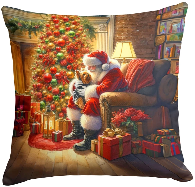 Main image of Yorkshire Terrier Yorkie and Santa Claus Throw Pillow Machine Washable, Indoor Outdoor Decorative Pillow for Couch, Bed or Patio, 18Hx18W