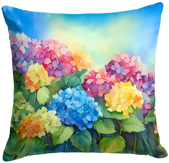 Main image of Hydrangeas in Watercolor Throw Pillow Machine Washable, Indoor Outdoor Decorative Pillow for Couch, Bed or Patio, 18Hx18W