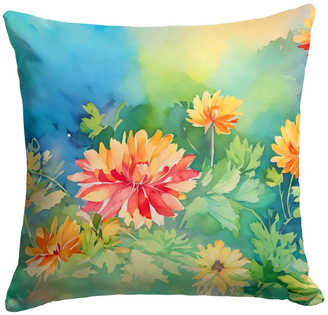 Main image of Chrysanthemums in Watercolor Throw Pillow Machine Washable, Indoor Outdoor Decorative Pillow for Couch, Bed or Patio, 18Hx18W