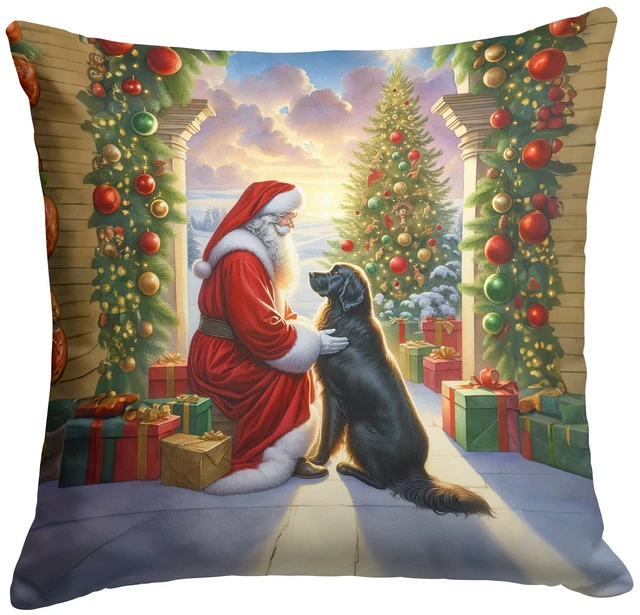 Main image of Flat-Coated Retriever and Santa Claus Throw Pillow Machine Washable, Indoor Outdoor Decorative Pillow for Couch, Bed or Patio, 18Hx18W