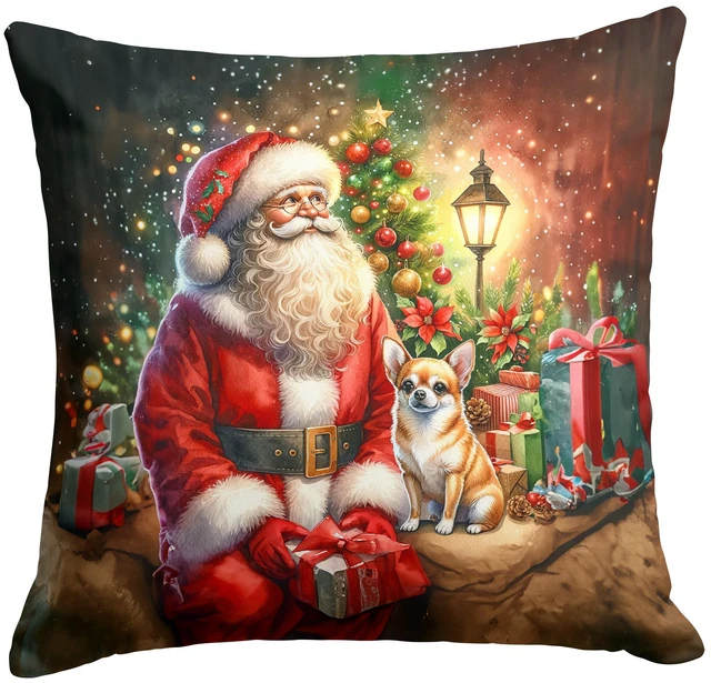 Main image of Chihuahua and Santa Claus Throw Pillow Machine Washable, Indoor Outdoor Decorative Pillow for Couch, Bed or Patio, 18Hx18W