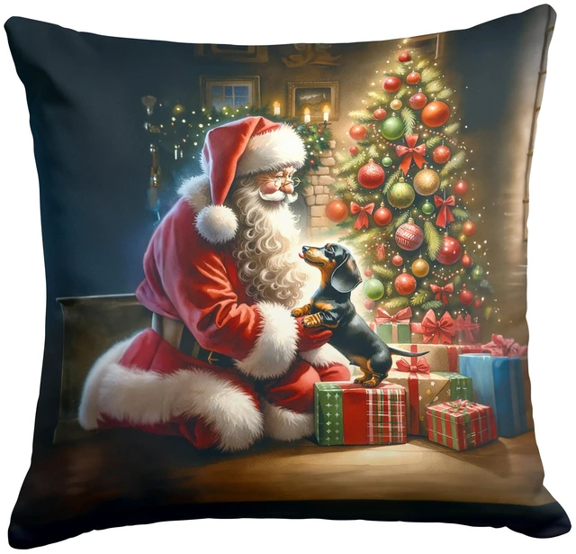 Main image of Dachshund and Santa Claus Throw Pillow Machine Washable, Indoor Outdoor Decorative Pillow for Couch, Bed or Patio, 18Hx18W