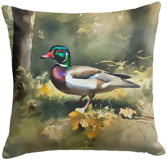 Main image of Wood Duck Throw Pillow Machine Washable, Indoor Outdoor Decorative Pillow for Couch, Bed or Patio, 18Hx18W