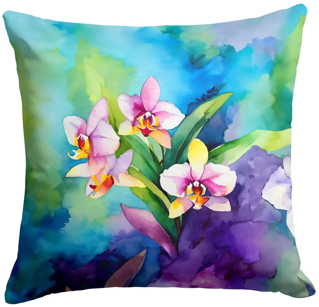 Main image of Orchids in Watercolor Throw Pillow Machine Washable, Indoor Outdoor Decorative Pillow for Couch, Bed or Patio, 18Hx18W