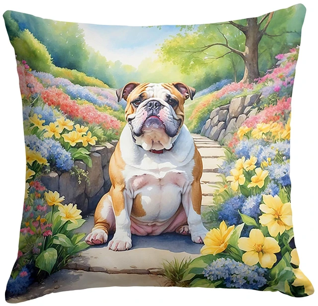 Main image of English Bulldog Spring Path Throw Pillow Machine Washable, Indoor Outdoor Decorative Pillow for Couch, Bed or Patio, 18Hx18W