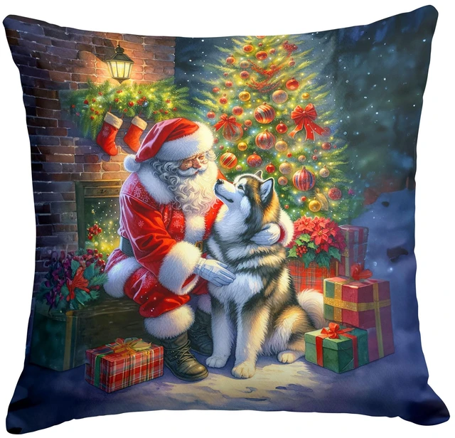 Main image of Alaskan Malamute and Santa Claus Throw Pillow Machine Washable, Indoor Outdoor Decorative Pillow for Couch, Bed or Patio, 18Hx18W