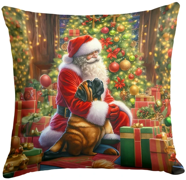 Main image of Mastiff and Santa Claus Throw Pillow Machine Washable, Indoor Outdoor Decorative Pillow for Couch, Bed or Patio, 18Hx18W