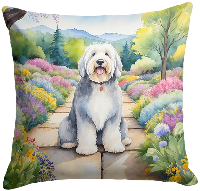 Main image of Old English Sheepdog Spring Path Throw Pillow Machine Washable, Indoor Outdoor Decorative Pillow for Couch, Bed or Patio, 18Hx18W