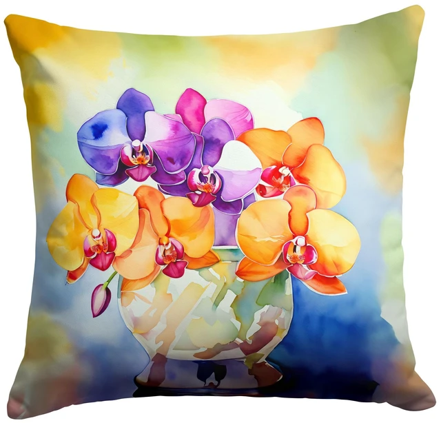 Main image of Orchids in Watercolor Throw Pillow Machine Washable, Indoor Outdoor Decorative Pillow for Couch, Bed or Patio, 18Hx18W