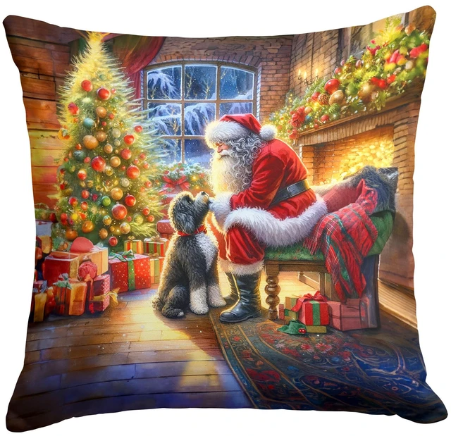 Main image of Portuguese Water Dog and Santa Claus Throw Pillow Machine Washable, Indoor Outdoor Decorative Pillow for Couch, Bed or Patio, 18Hx18W