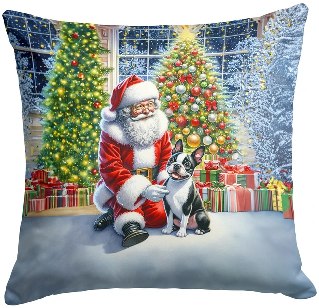 Main image of Boston Terrier and Santa Claus Throw Pillow Machine Washable, Indoor Outdoor Decorative Pillow for Couch, Bed or Patio, 18Hx18W