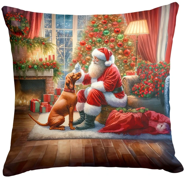 Main image of Vizsla and Santa Claus Throw Pillow Machine Washable, Indoor Outdoor Decorative Pillow for Couch, Bed or Patio, 18Hx18W